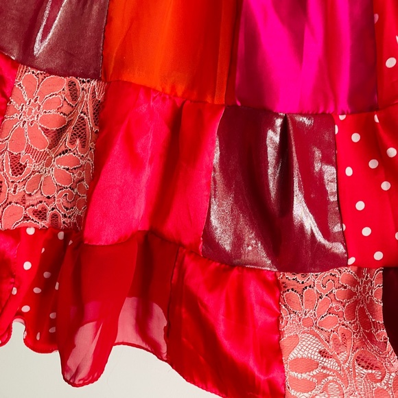 Red Multicolor Patchwork Skirt. Mid-calf Midi. Satin Cotton Chiffon. Size S, New - Picture 3 of 5